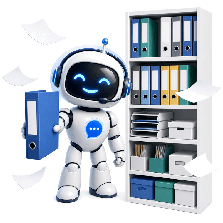 Chatbotty mascot as an office librarian handing over a binder from a tidy shelf of corporate knowledge