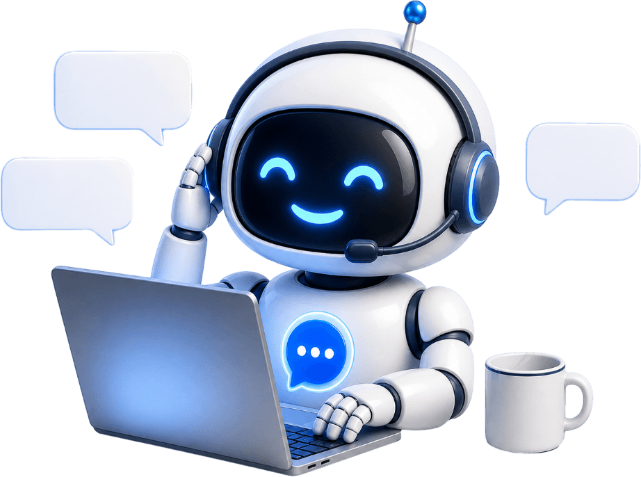 Chatbotty mascot answering customer questions at a laptop